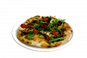 vegetarische Pizza mit Grillgemüse, Rucola und Pesto